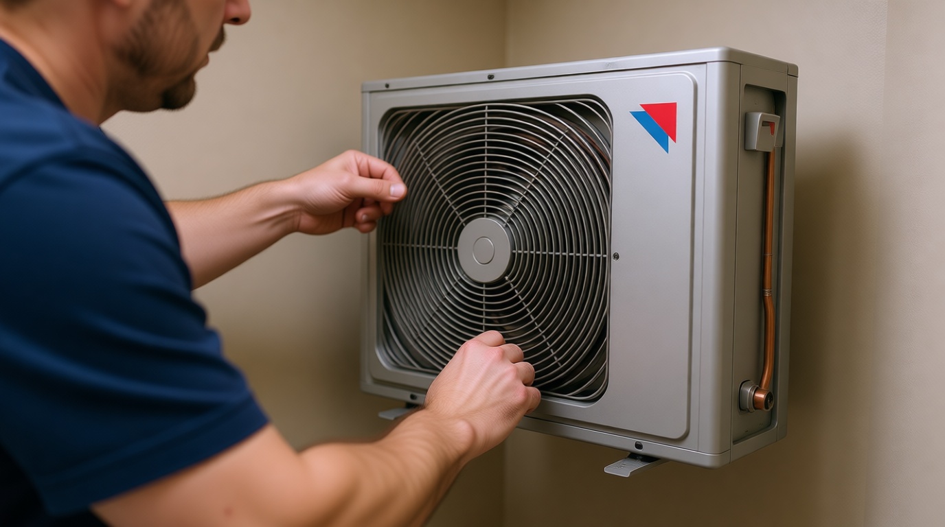 Close-up of a technician's hands replacing a fan coil filter in a modern condo unit Close-up of a technician’s hands replacing a fan coil filter in a modern condo unit