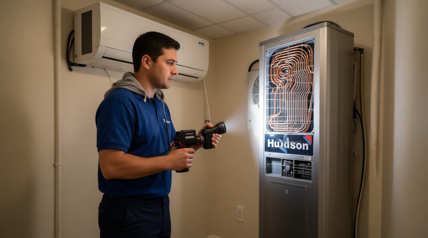 A Hudson HVAC technician inspecting a condo fan coil unit with a flashlight in a Toronto high-rise
