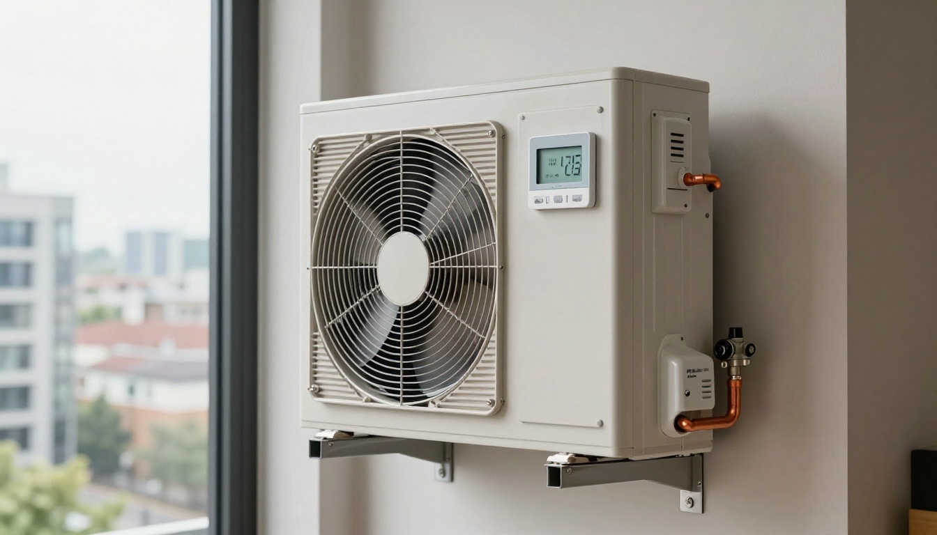 Close-up of a modern thermostat inside a Mississauga condo unit, with a view of the cityscape through a window.