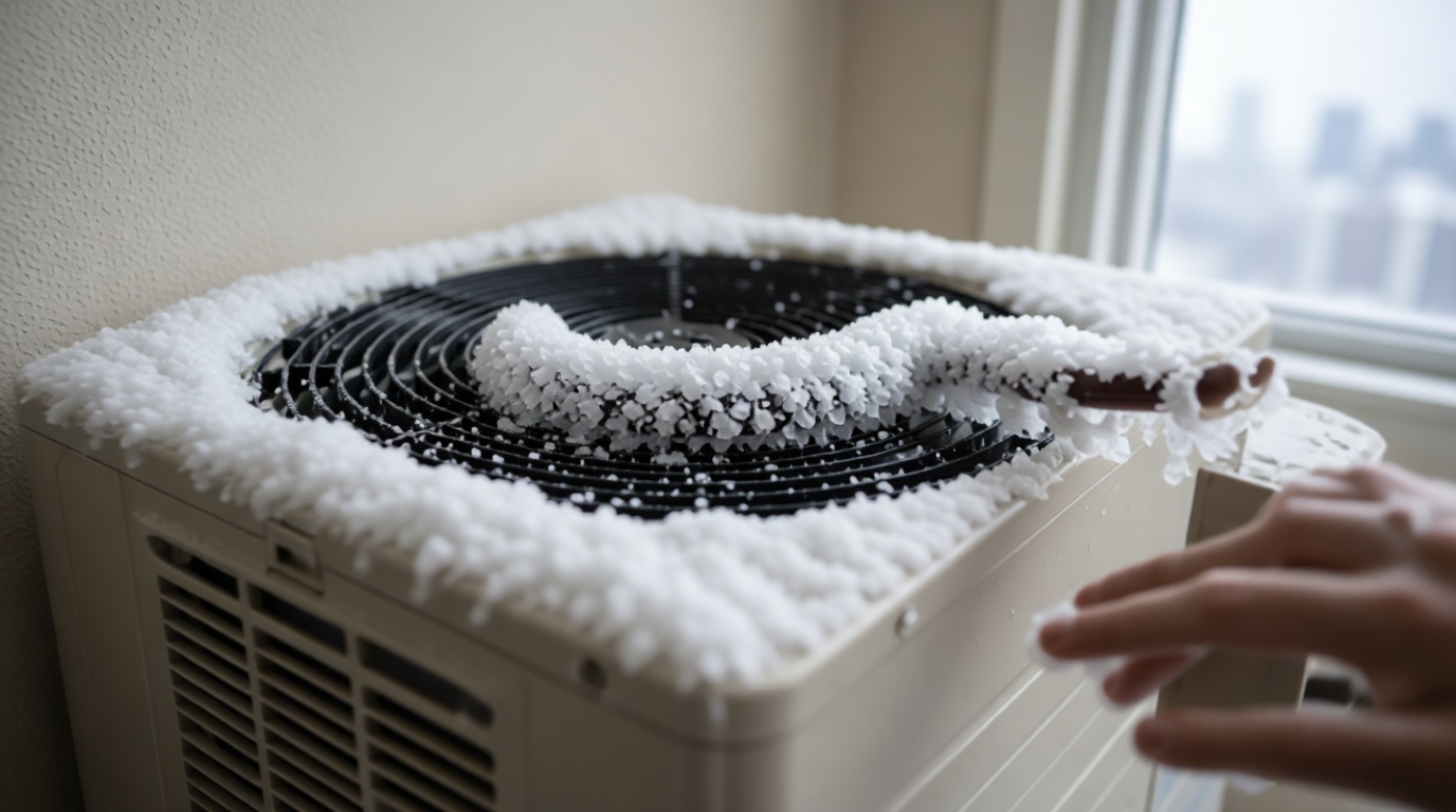 Close-up of a frozen condensate line on a fan coil unit during a Toronto winter Close-up of a frozen condensate line on a fan coil unit during a Toronto winter