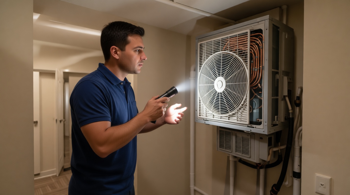 A Hudson HVAC technician inspecting a condo fan coil unit with a flashlight in a Toronto high-rise
