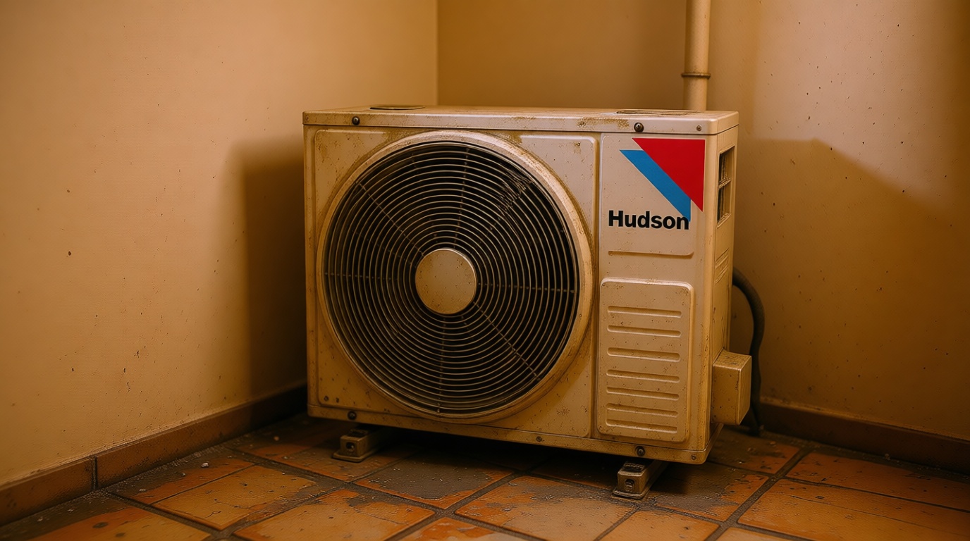 Close-up of a moldy fan coil unit in a Toronto condo with damp surroundings