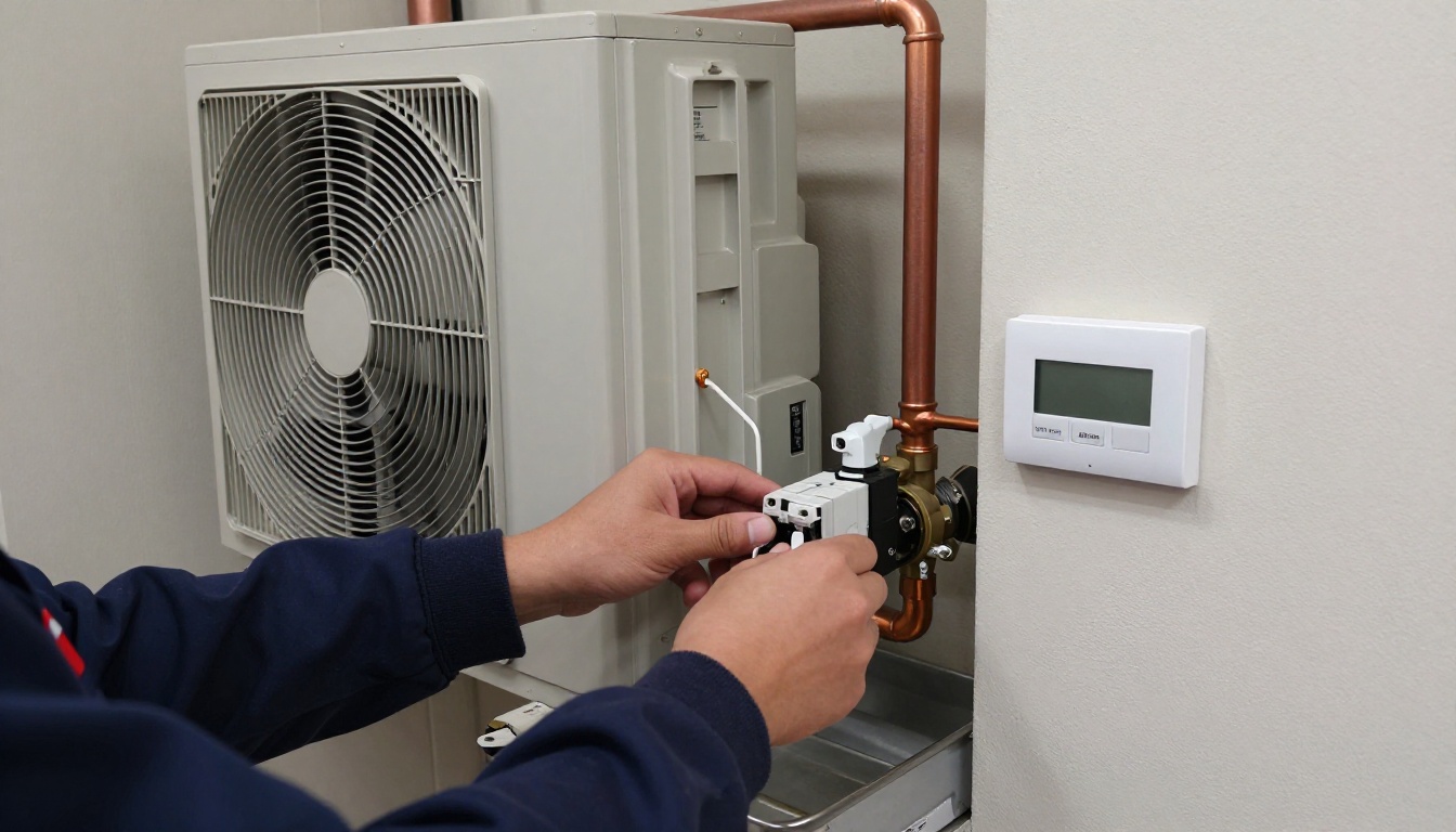 Technician&rsquo;s hands in navy gloves replacing a contactor in a condo heat pump.