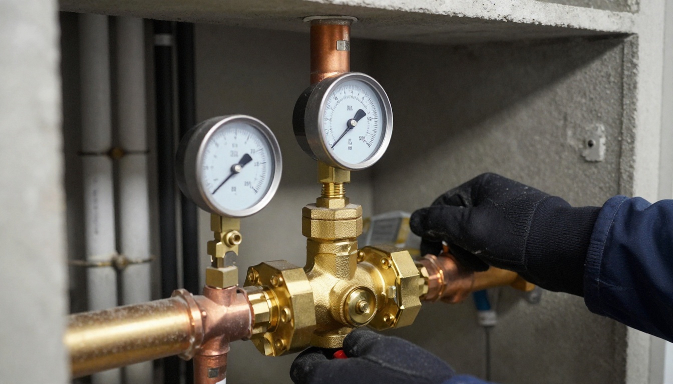 Close-up of a brass commercial pressure reducing valve assembly with upstream and downstream gauges on copper domestic water piping in a Toronto condominium mechanical room