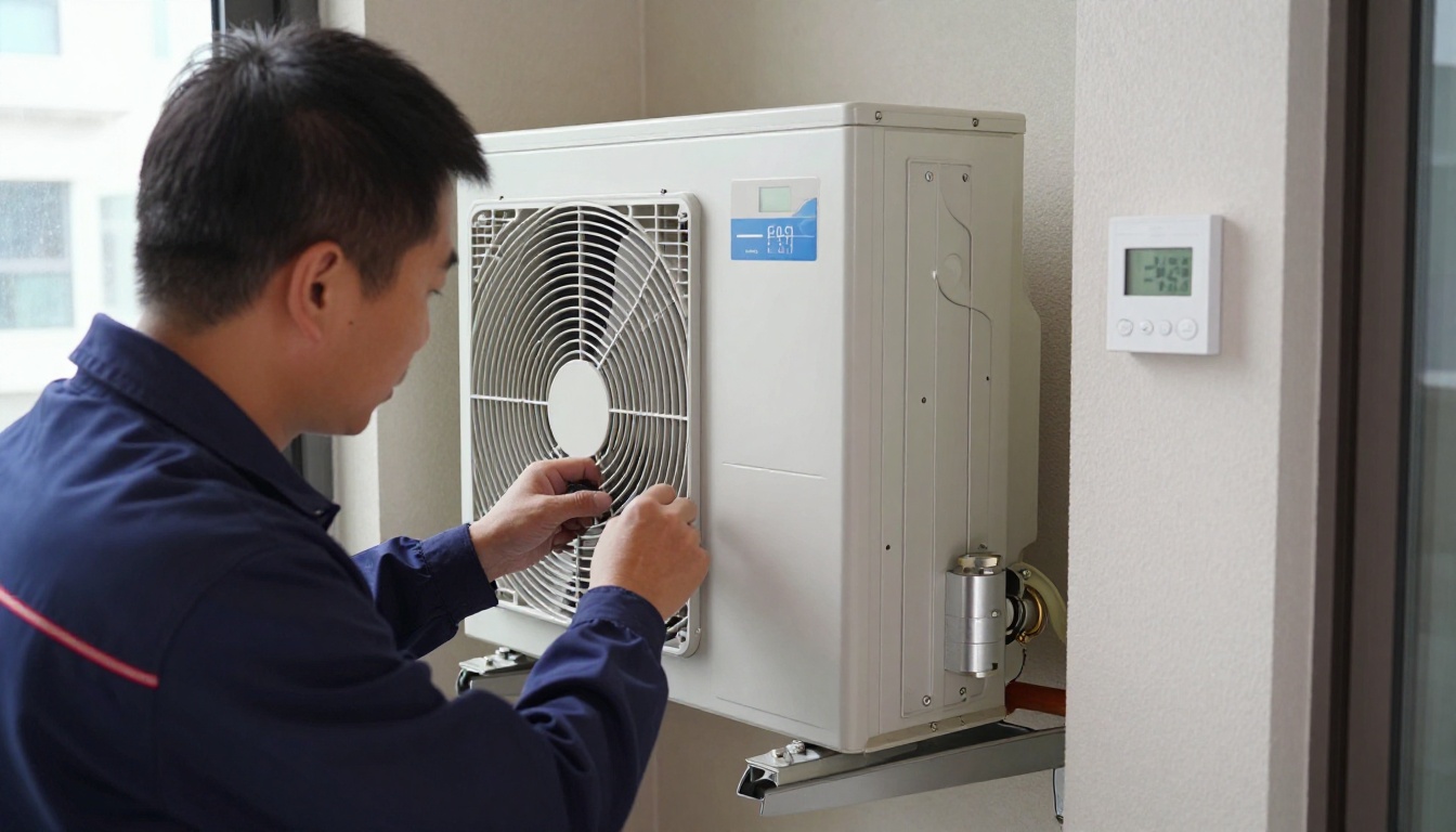 Technician in dark navy gloves replacing a float switch in a condo fan coil unit.