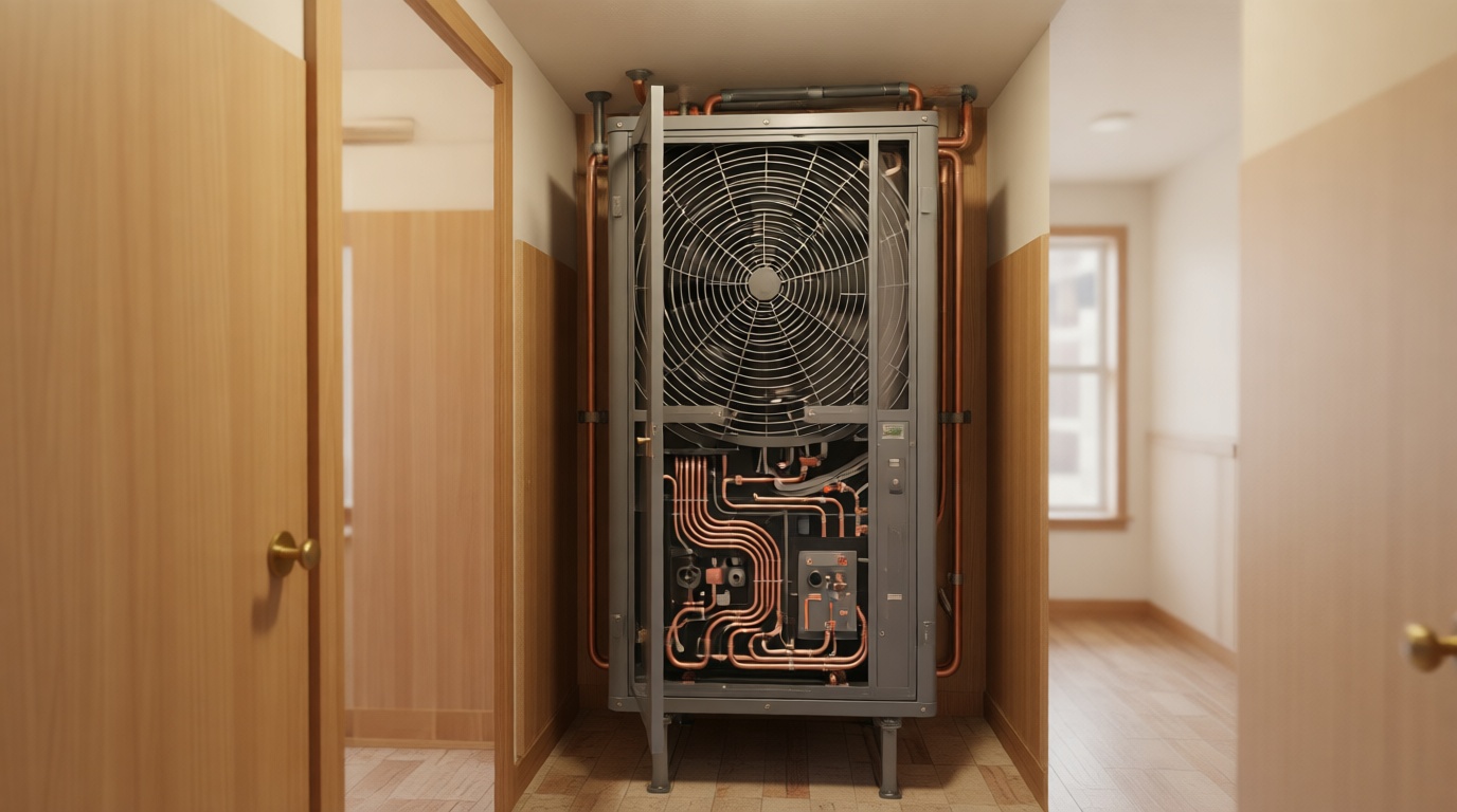 Close-up of a frozen condensate line on a fan coil unit during a Toronto winter