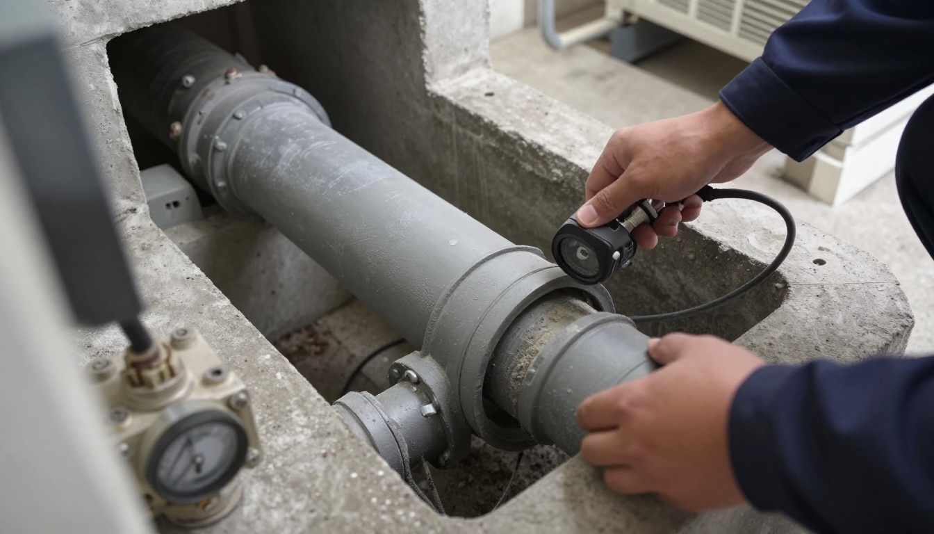 A close-up of a dull grey cast iron sanitary stack cleanout opened in a condominium service corridor, with heavy internal scaling visible and a CCTV camera cable entering the pipe