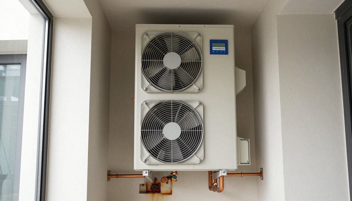 Interior mechanical closet in a Vaughan condo with a fan coil unit showing visible rust near the drain pan and lower cabinet