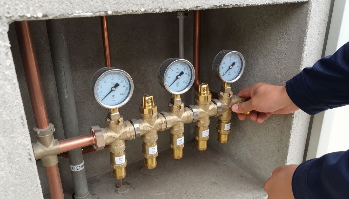 Brass water-saving valve assembly installed on copper domestic water mains in a condominium mechanical room with adjacent pressure gauges, isolation valves and insulated piping