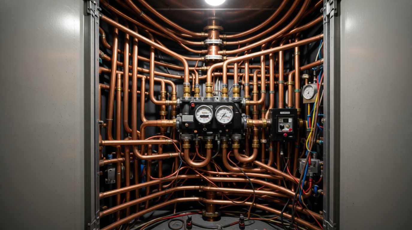 Close-up of a reversing valve inside a heat pump showing copper tubes and connections.