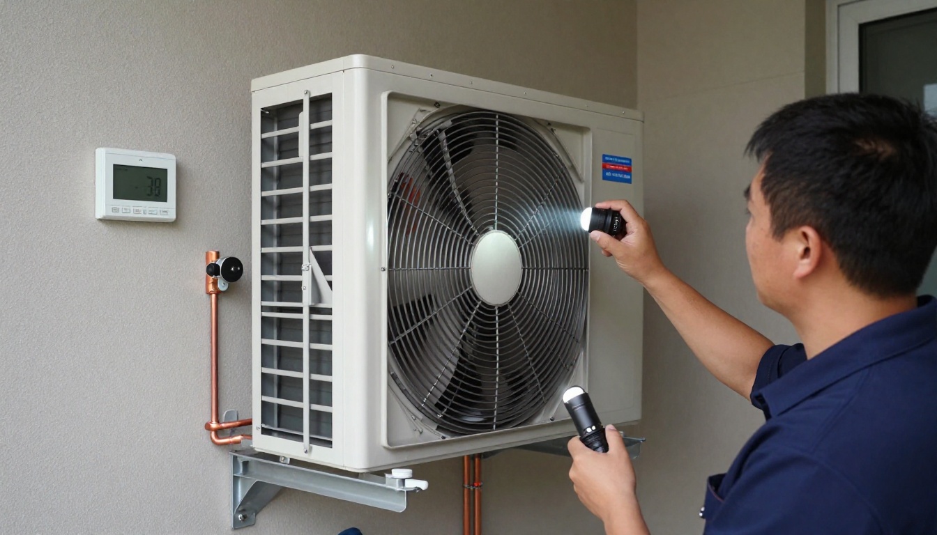 A Hudson HVAC technician inspecting a condo fan coil unit with a flashlight in a Toronto high-rise A Hudson HVAC technician inspecting a condo fan coil unit with a flashlight in a Toronto high-rise