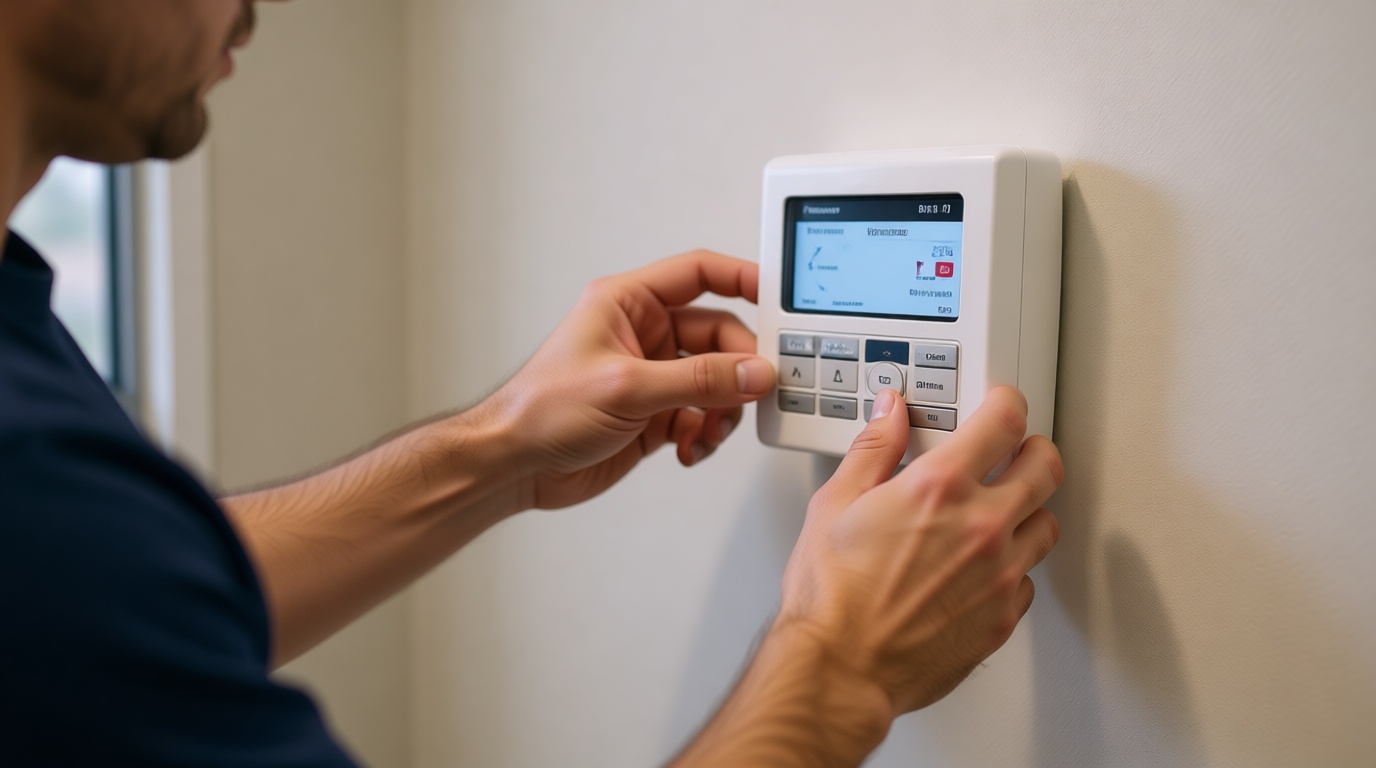 Close-up of a technician's hands adjusting a thermostat in a modern Toronto condo Close-up of a technician’s hands adjusting a thermostat in a modern Toronto condo