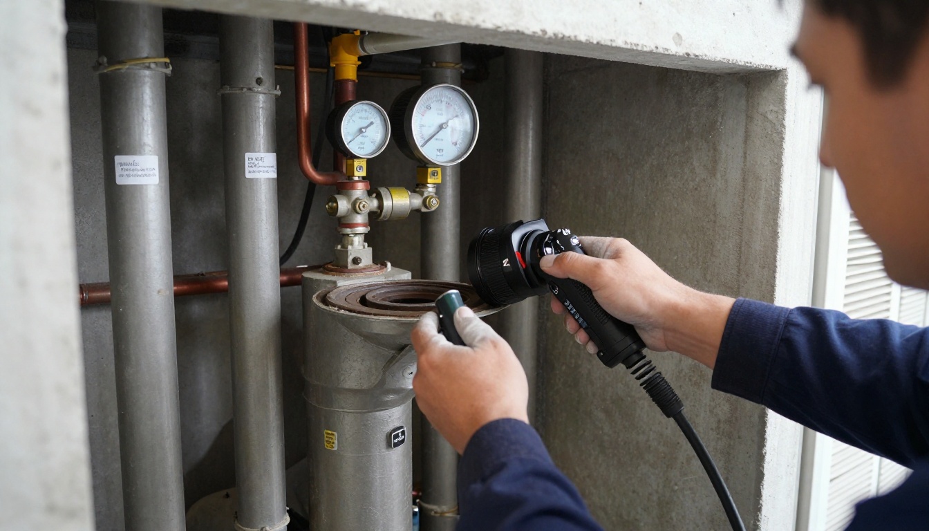A plumber&rsquo;s gloved hands guiding a CCTV drain camera cable into a cast iron stack cleanout in a condominium mechanical room with valve tags, copper lines and a wet vac nearby