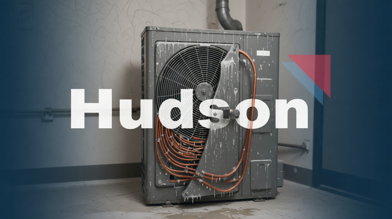 Close-up of a frozen condensate line on a fan coil unit during a Toronto winter