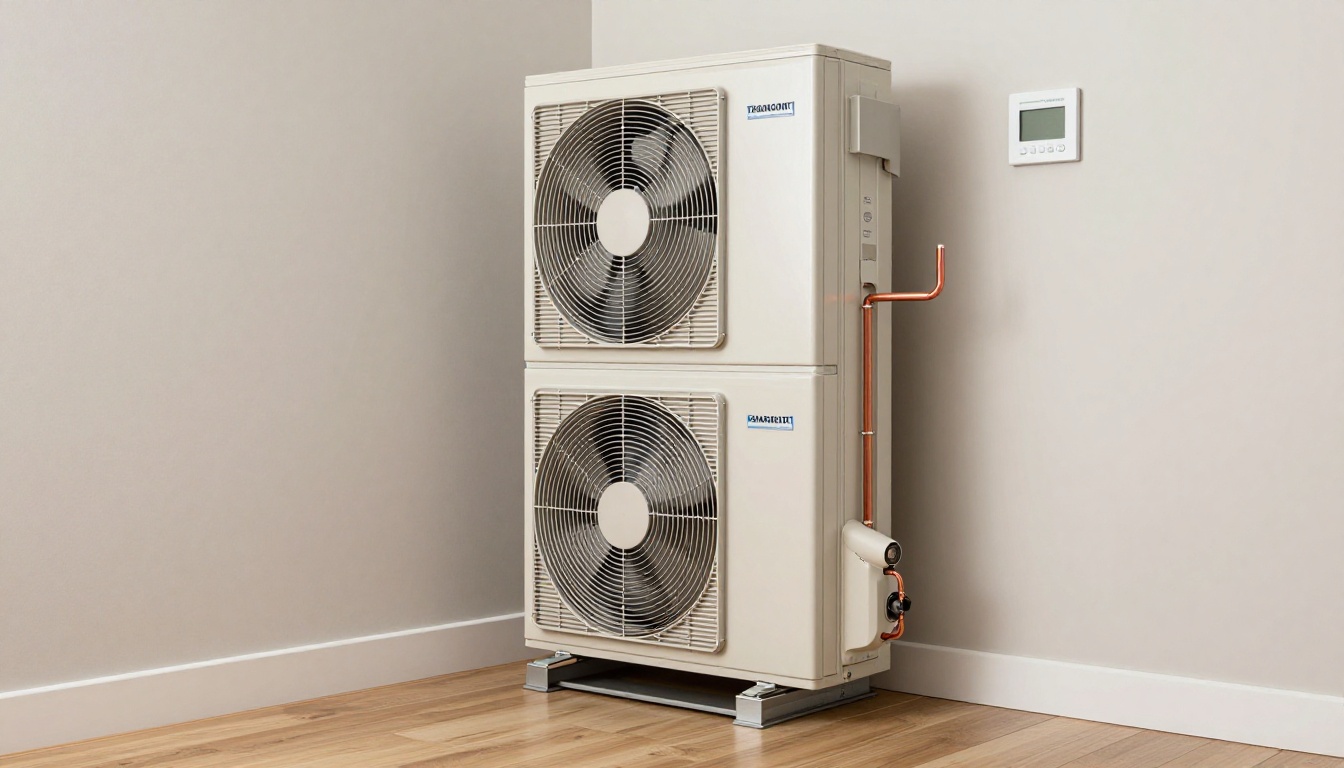 A tall vertical condo fan coil unit inside a modern Toronto condo closet with the access panel open, showing filter slot, copper piping, blower section, and drain pan
