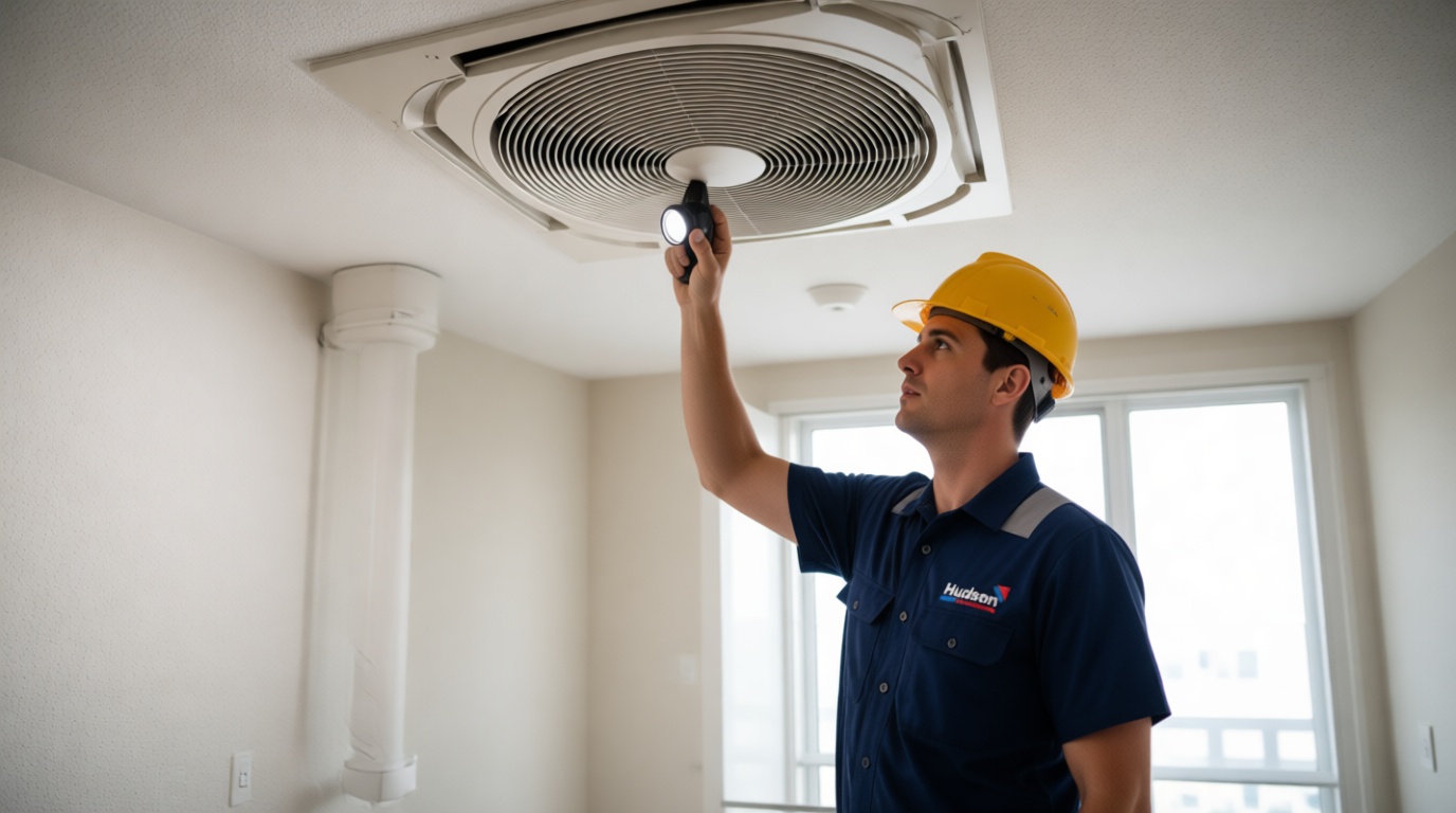 A Hudson HVAC technician inspecting a condo fan coil unit with a flashlight in a Toronto high-rise A Hudson HVAC technician inspecting a condo fan coil unit with a flashlight in a Toronto high-rise