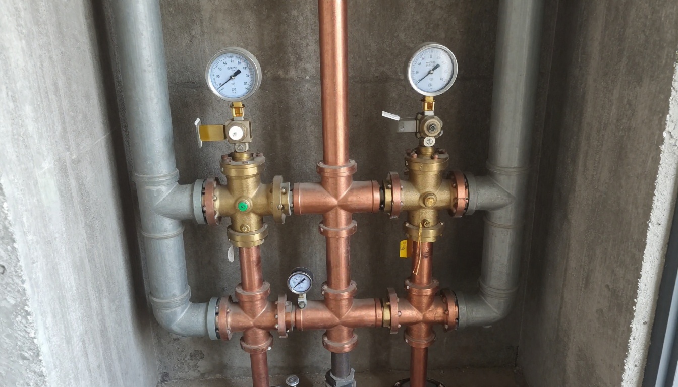 Mechanical room domestic water piping in a condominium with aging copper and galvanized sections, brass isolation valves and pressure reducing valves on mains, clean organized lighting, no people Mechanical room domestic water piping in a condominium with aging copper and galvanized sections, brass isolation valves and pressure reducing valves on mains, clean organized lighting, no people