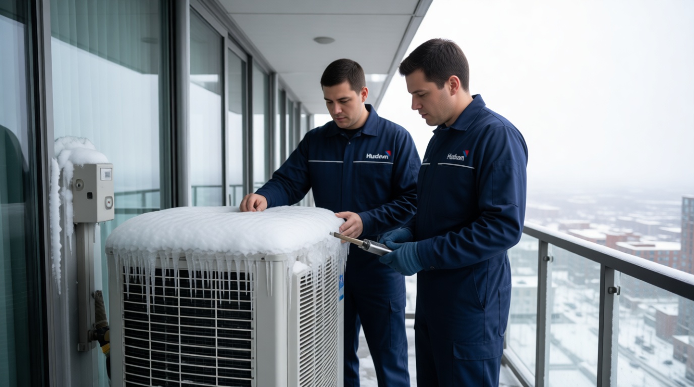 A Hudson HVAC technician inspecting a condo heat pump unit with ice buildup in a Toronto high-rise