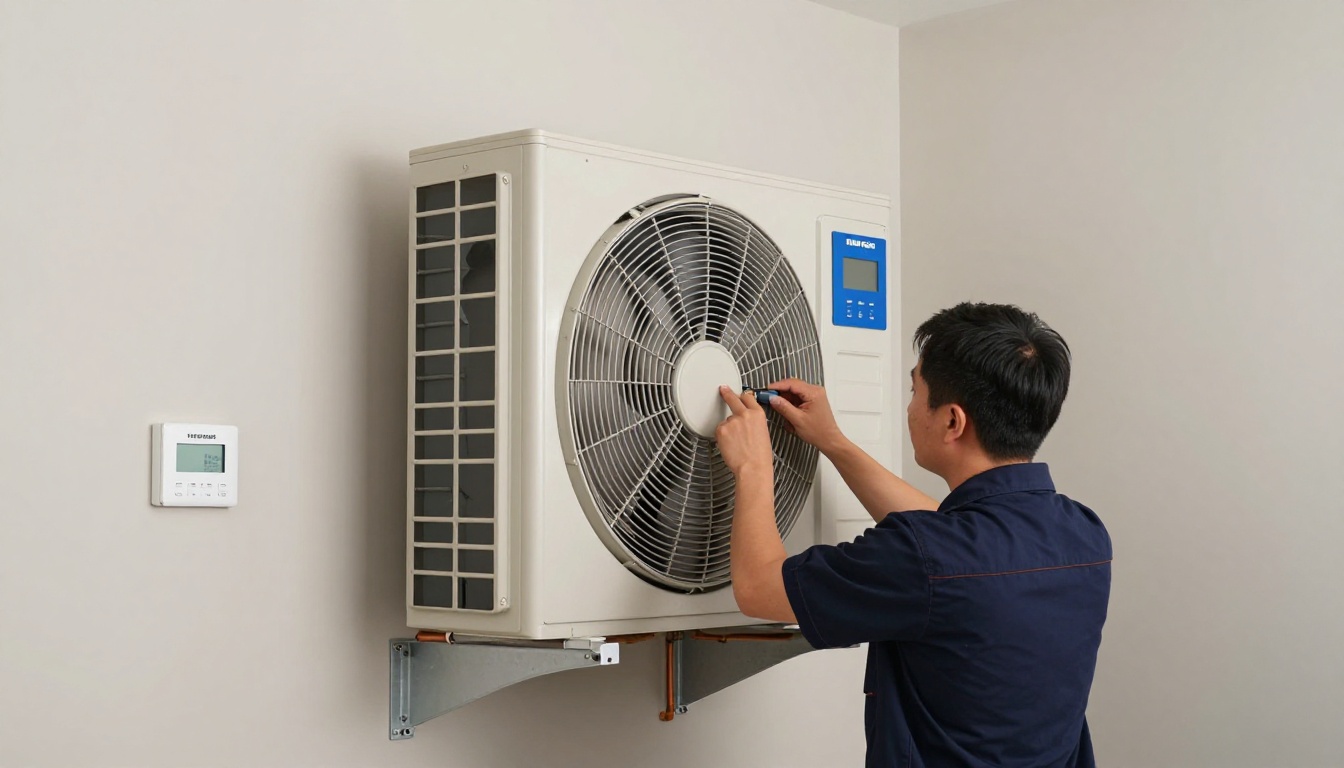 Technician working on a fan coil unit inside a modern high-rise condo in Vaughan Technician working on a fan coil unit inside a modern high-rise condo in Vaughan