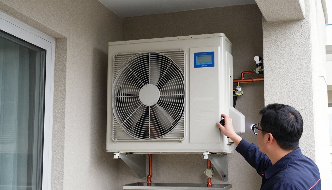A Hudson HVAC technician inspecting a condo fan coil unit with a flashlight in a Toronto high-rise A Hudson HVAC technician inspecting a condo fan coil unit with a flashlight in a Toronto high-rise