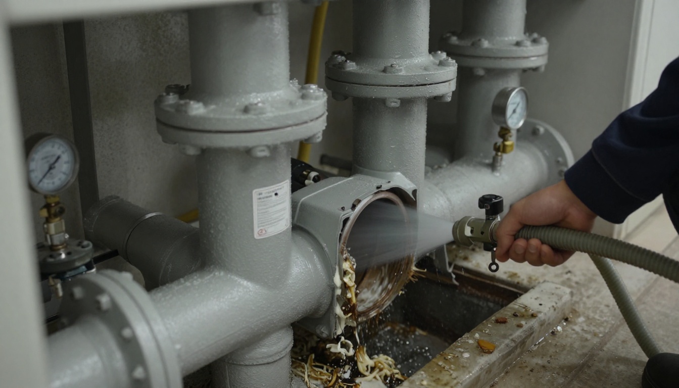 A close-up of a dull grey cast iron condominium laundry stack cleanout opened in a service room, with wet lint and detergent sludge visible around the cleanout and a jetting hose prepared nearby