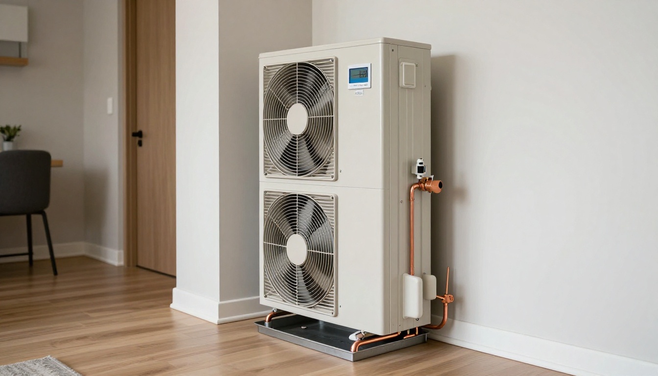 A vertical condo fan coil inside a closet with the front panel removed, showing limited clearance around custom millwork in a modern Toronto condo suite