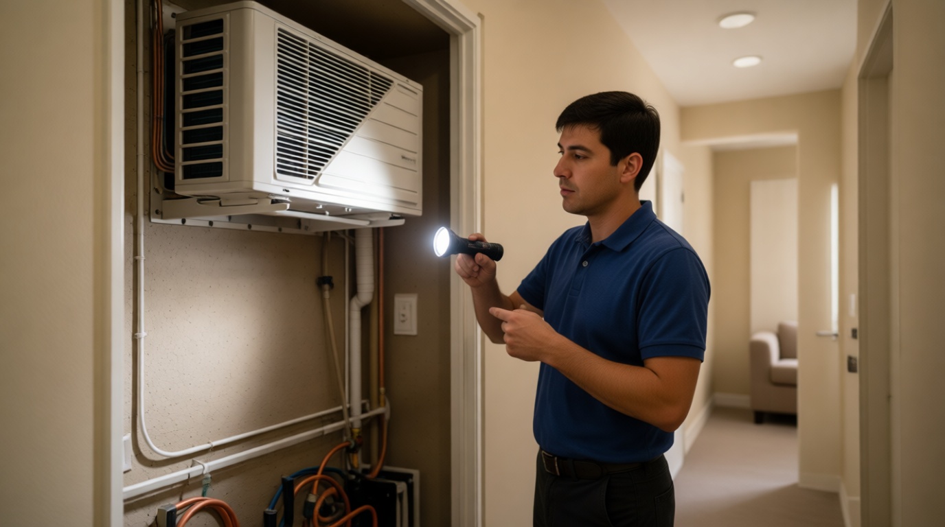 A Hudson HVAC technician inspecting a condo fan coil unit with a flashlight in a Toronto high-rise A Hudson HVAC technician inspecting a condo fan coil unit with a flashlight in a Toronto high-rise