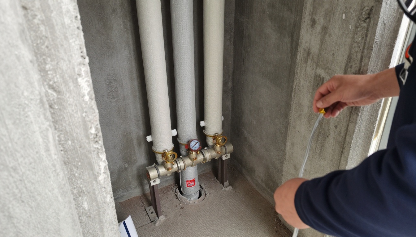 Opened condominium corridor or suite plumbing chase showing new insulated copper or approved replacement piping, fresh isolation valves, supports, and protected finishes during active re-piping work