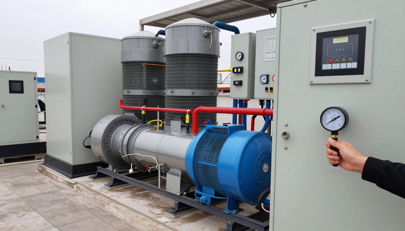 Close-up of a generator control panel with diagnostic tools in a condo mechanical room