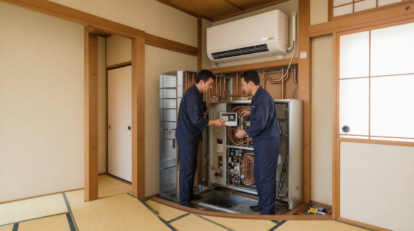 Technician’s hands adjusting a thermostat or replacing it with a new model.