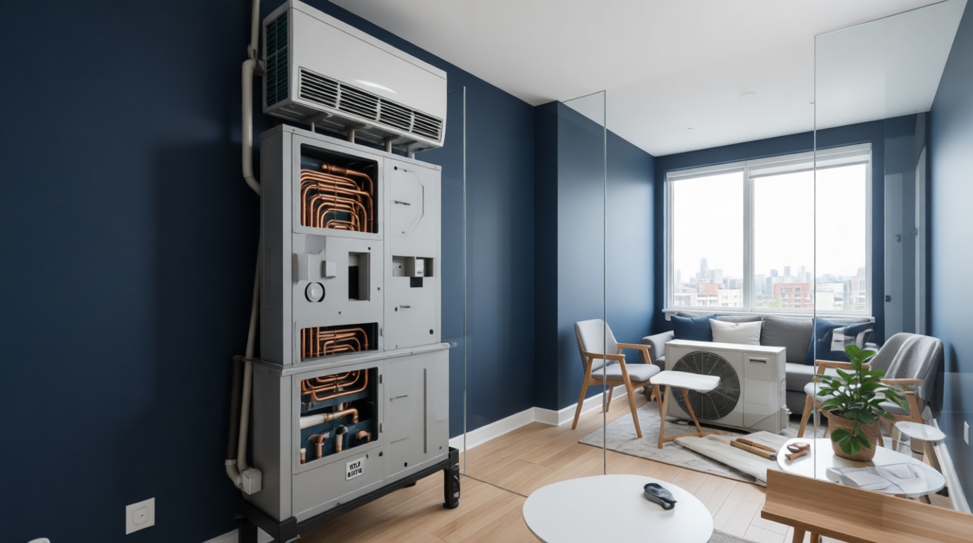 Close-up of HVAC fan coil unit with a view of Etobicoke through condo windows