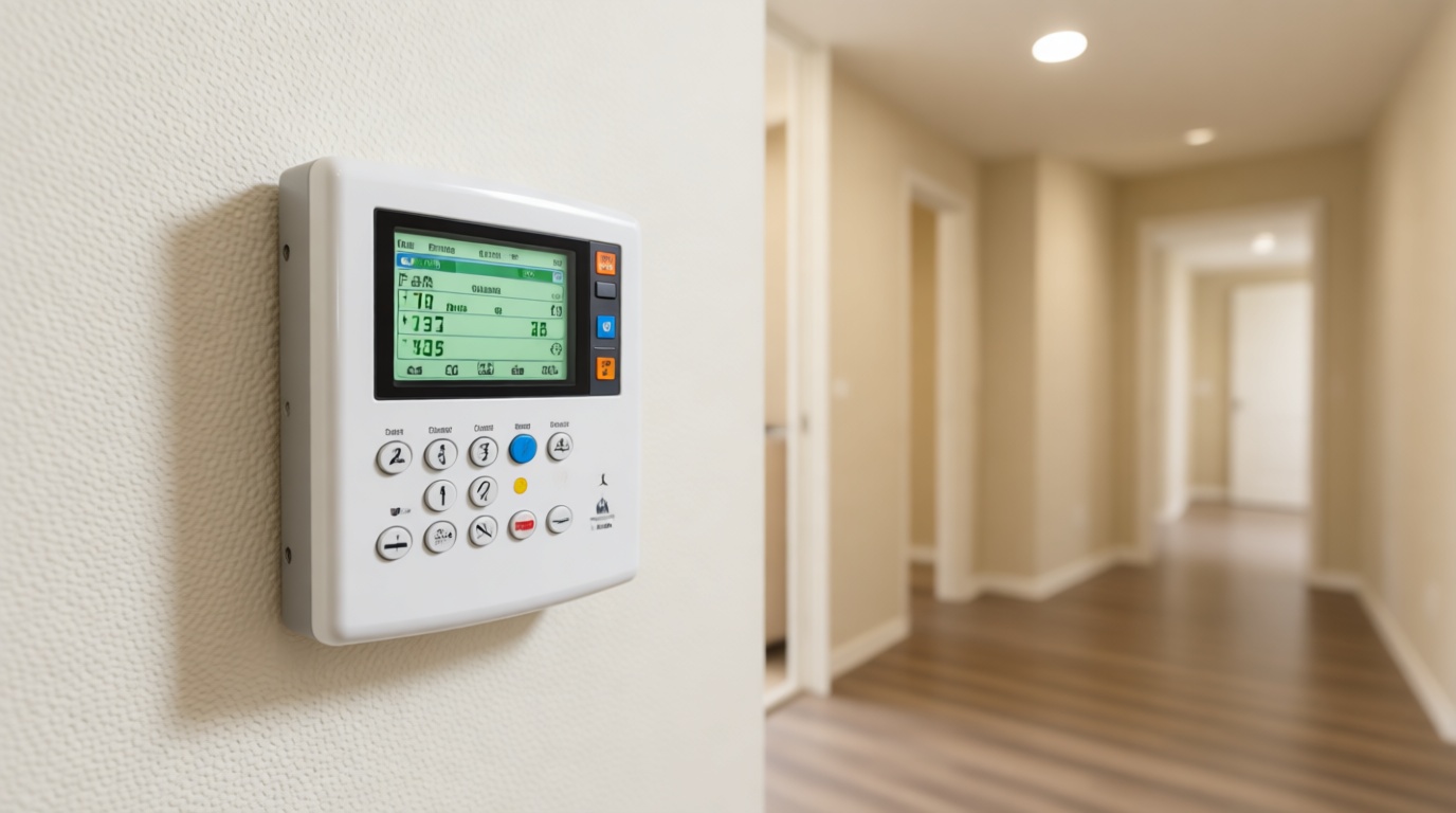 Close-up of a condo thermostat mounted on the wall. Shows the display and control buttons.