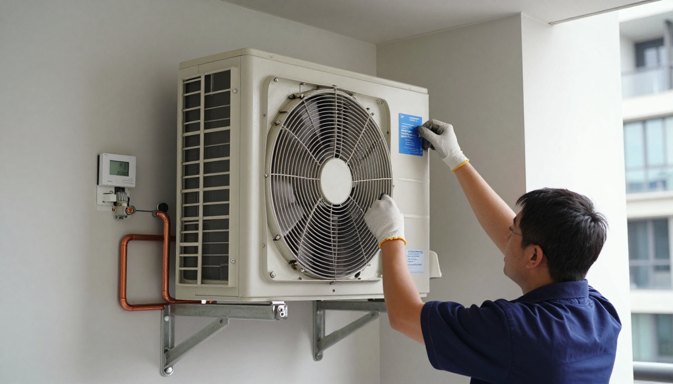 A tall vertical condo fan coil unit inside a closet in a Toronto high-rise, access panel removed, showing copper piping, blower section, valve assembly, and a technician’s gloved hands performing fall maintenance