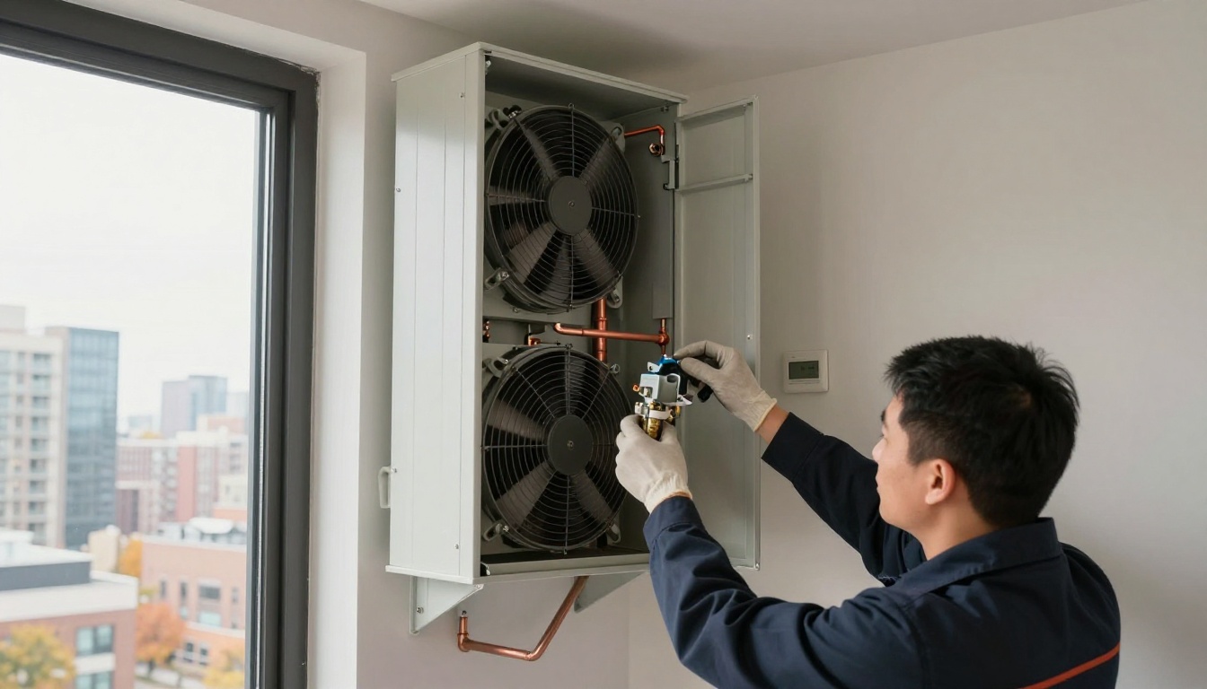 A Hudson HVAC technician’s gloved hands replacing a three-way valve actuator inside a tall vertical condo fan coil cabinet with city skyline visible through a Toronto condo window in autumn A Hudson HVAC technician’s gloved hands replacing a three-way valve actuator inside a tall vertical condo fan coil cabinet with city skyline visible through a Toronto condo window in autumn