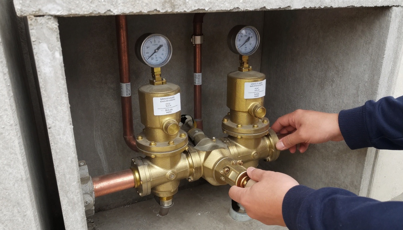 Mechanical room with aging copper and galvanised domestic water piping, brass pressure reducing valves, isolation valves, and tagged risers prepared for a condominium re-piping project