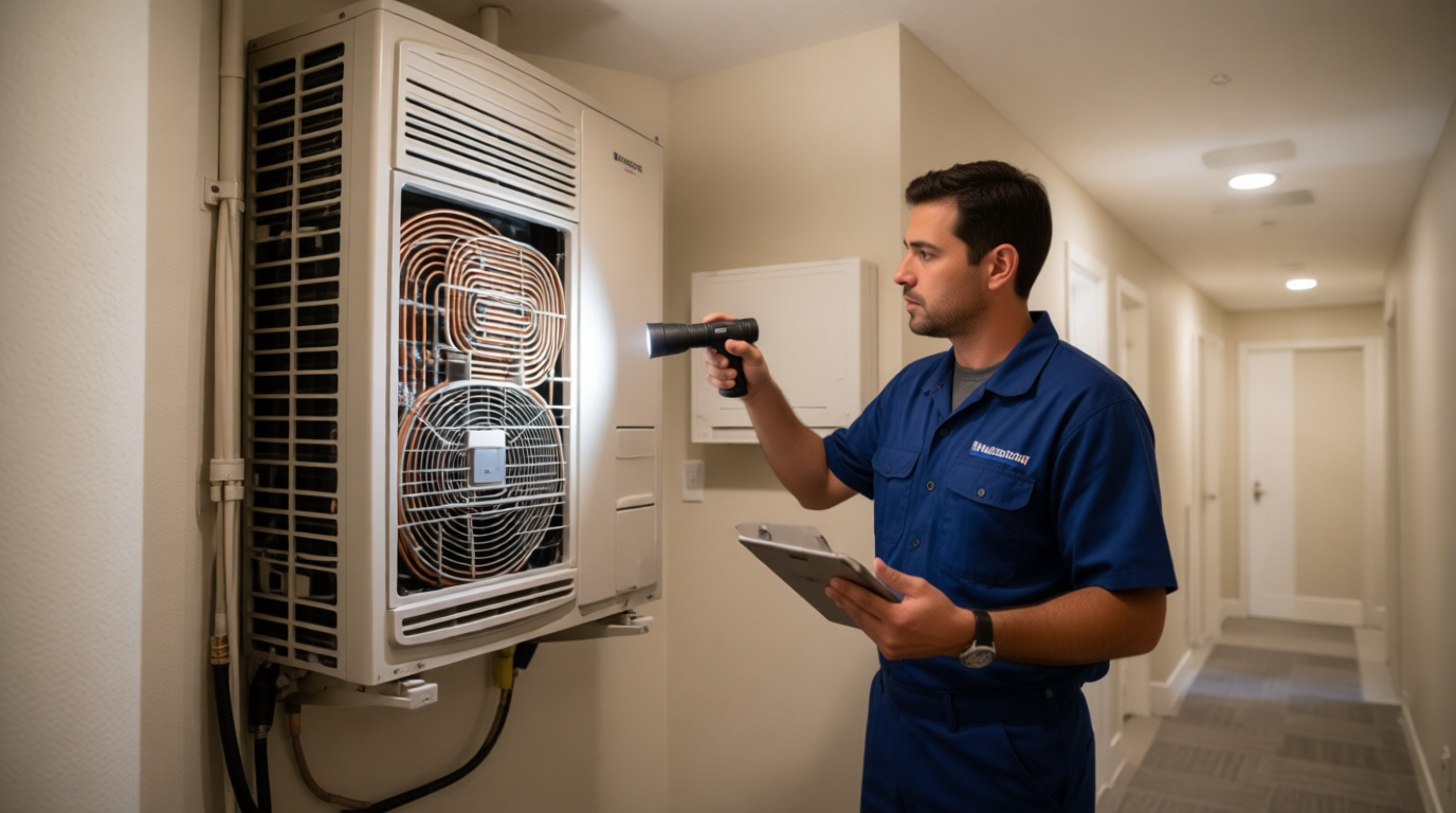 A Hudson HVAC technician inspecting a condo fan coil unit with a flashlight in a Toronto high-rise