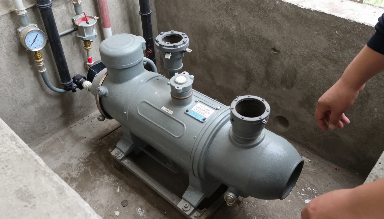 Close view of a duplex sewage ejector setup with guide rail pumps removed from a pit, showing discharge elbows, check valves, isolation valves and cleaned pit opening in a condominium service room