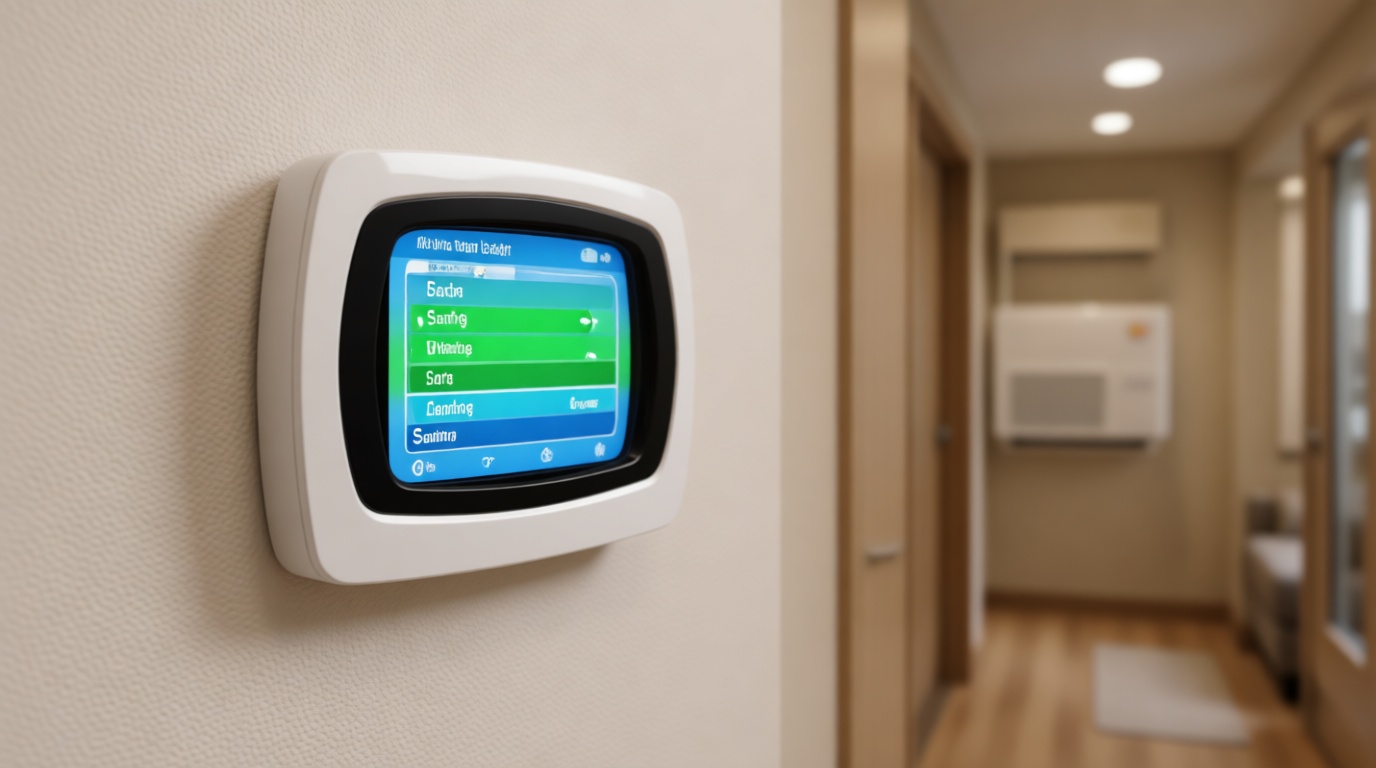 Close-up of a smart thermostat with energy-saving settings in a modern Toronto condo