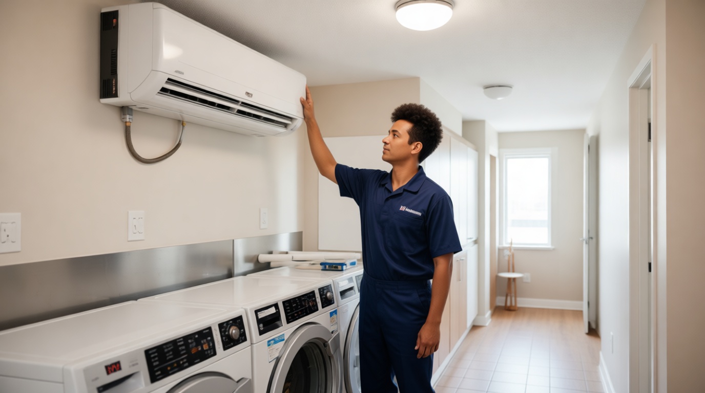 A Hudson HVAC technician inspecting a dryer vent in a Toronto condo laundry room