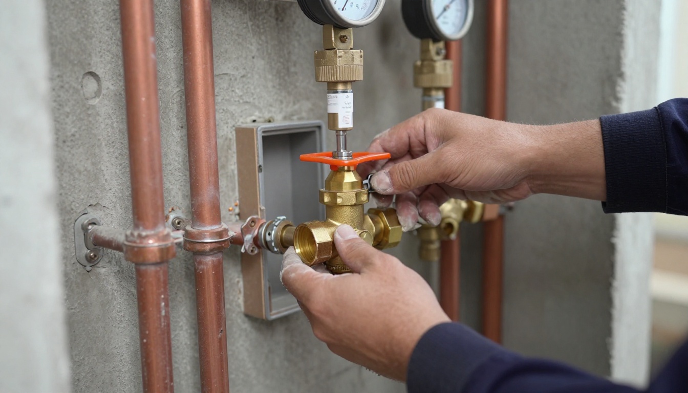 A plumber's gloved hands installing a new brass isolation valve on a domestic hot water branch inside a narrow condo riser closet with copper piping and firestopping visible A plumber’s gloved hands installing a new brass isolation valve on a domestic hot water branch inside a narrow condo riser closet with copper piping and firestopping visible
