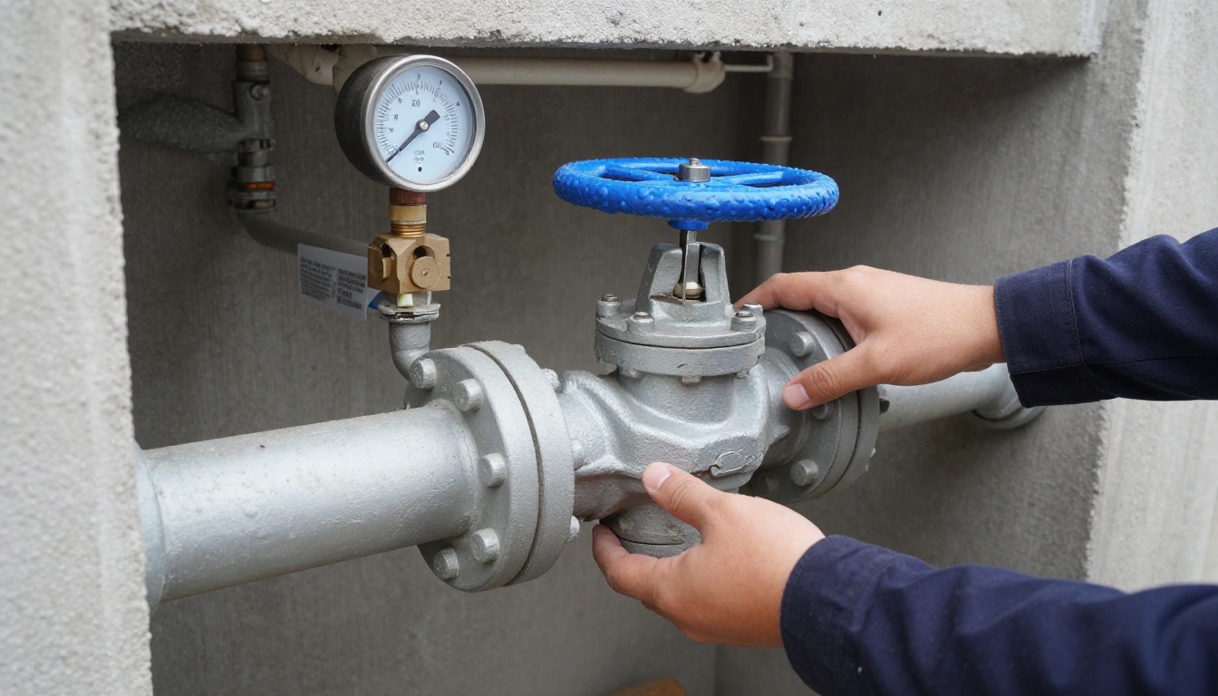 Close-up of a large blue-handled butterfly valve installed on a 6-inch domestic water main in a condominium mechanical room, with grooved couplings, pipe insulation and a nearby pressure gauge