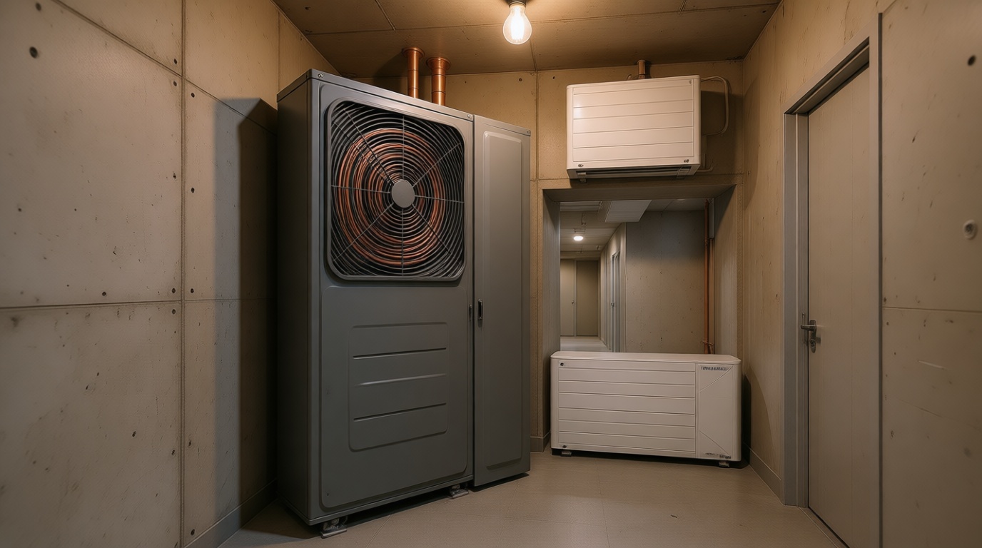 Close-up of a rusted fan coil unit inside a modern Toronto condo hallway closet