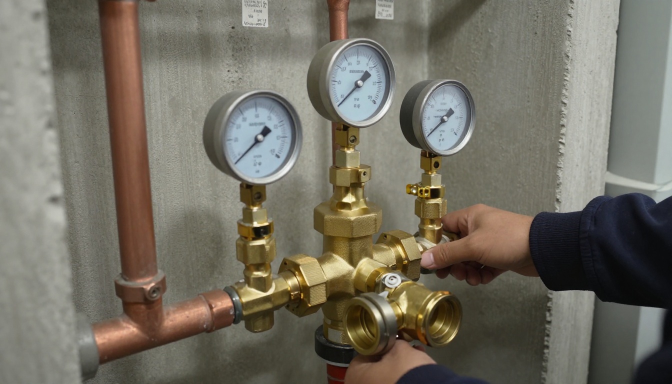Brass pressure reducing valve assembly on a domestic water main in a Toronto condominium mechanical room, with copper piping, pressure gauges, unions and isolation valves visible