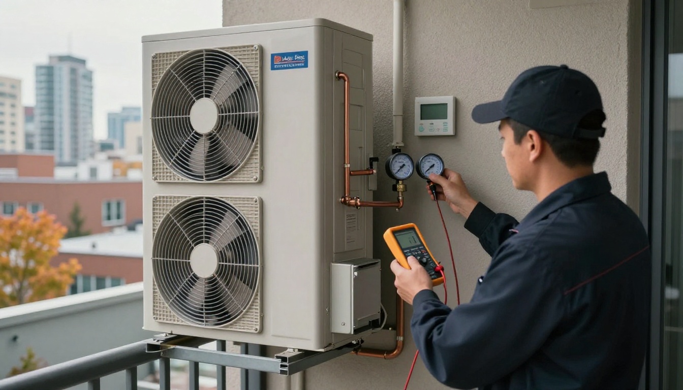 A Hudson HVAC technician in a dark navy uniform using a multimeter and manometer on a Magic Pak unit inside a clean high-rise condo suite, with autumn light and Toronto skyline visible through a nearby window A Hudson HVAC technician in a dark navy uniform using a multimeter and manometer on a Magic Pak unit inside a clean high-rise condo suite, with autumn light and Toronto skyline visible through a nearby window