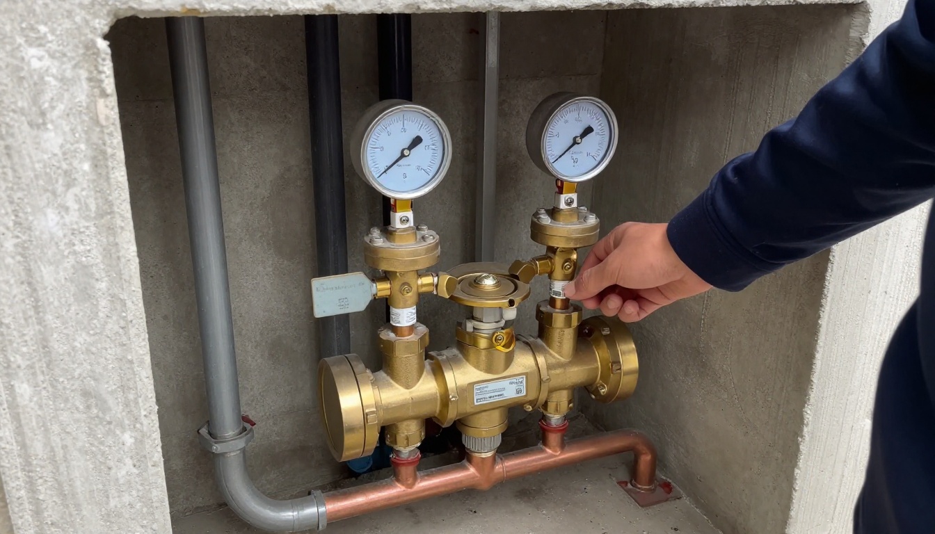 Brass pressure reducing valve assembly on a copper domestic water main in a condominium mechanical room, with isolation valves and gauges visible, no people or text