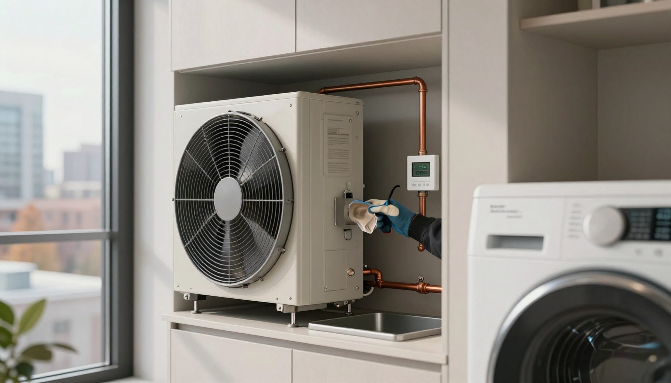 A modern condo laundry closet in a Toronto suite with a technician cleaning a dryer vent connection and inspecting airflow, neutral finishes and autumn light through a nearby window A modern condo laundry closet in a Toronto suite with a technician cleaning a dryer vent connection and inspecting airflow, neutral finishes and autumn light through a nearby window