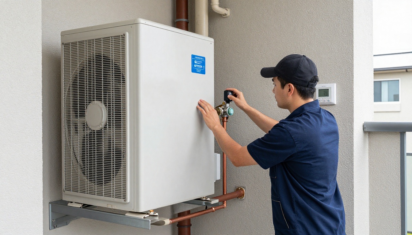 A Hudson HVAC technician inspecting a condo boiler system in a Toronto high-rise mechanical room A Hudson HVAC technician inspecting a condo boiler system in a Toronto high-rise mechanical room