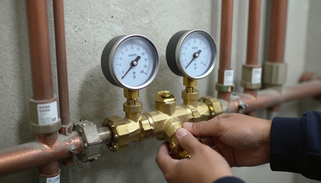Close-up of a commercial brass pressure reducing valve with pressure gauges on a horizontal domestic water line in a Toronto condominium mechanical room, with copper piping, isolation valves and valve tags visible