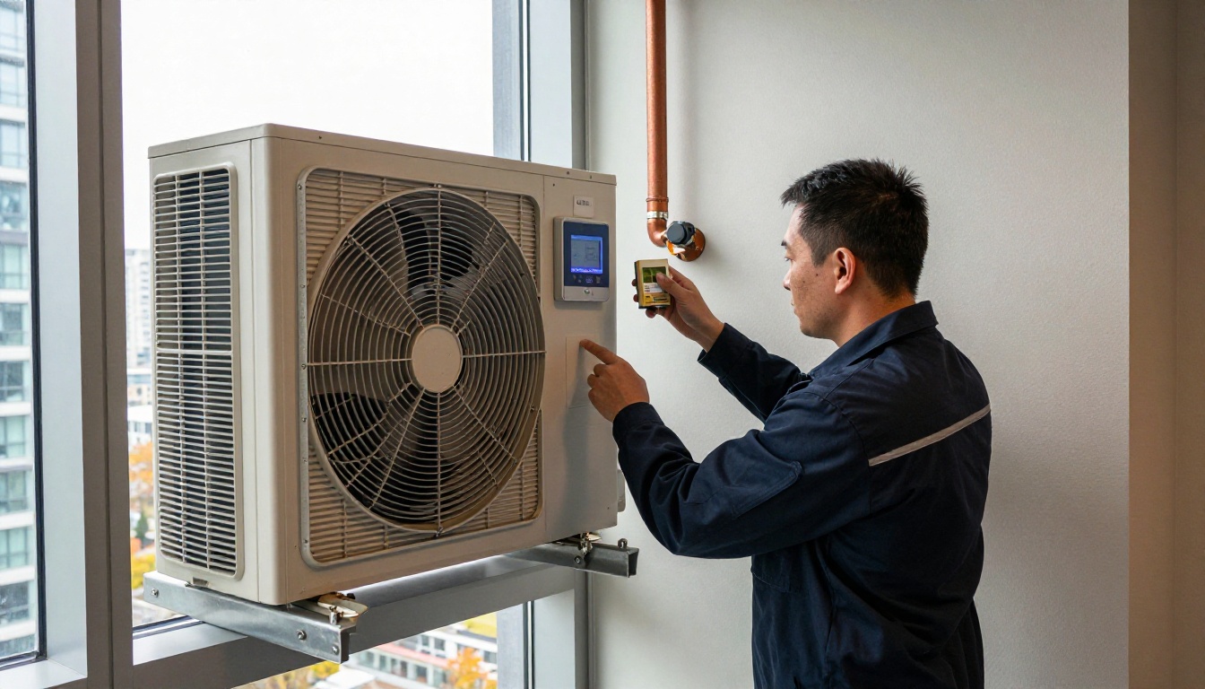 A Hudson HVAC technician in a dark navy uniform checking a condo thermostat and measuring supply air temperature beside a vertical fan coil unit in a modern Toronto high-rise suite during fall A Hudson HVAC technician in a dark navy uniform checking a condo thermostat and measuring supply air temperature beside a vertical fan coil unit in a modern Toronto high-rise suite during fall