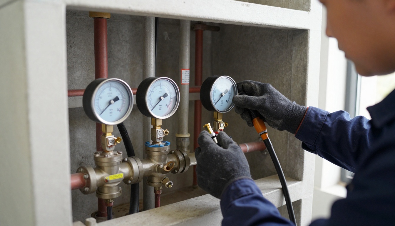 Technician&rsquo;s gloved hands checking pressure gauges beside a PRV station on horizontal copper piping in a high-rise mechanical room